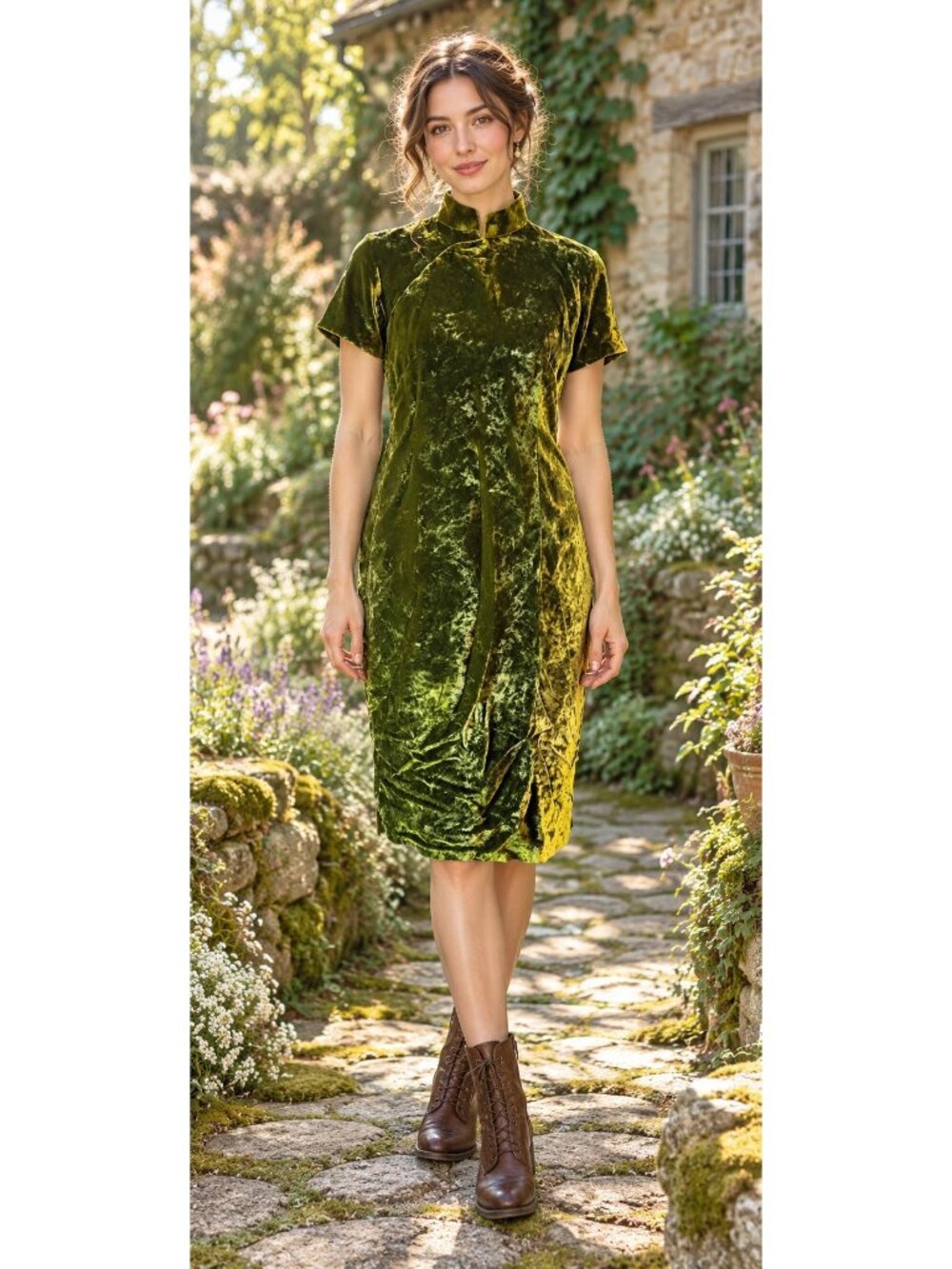 olive green velvet short-sleeve cheongsam dress Mandarin collar asymmetric Sz M